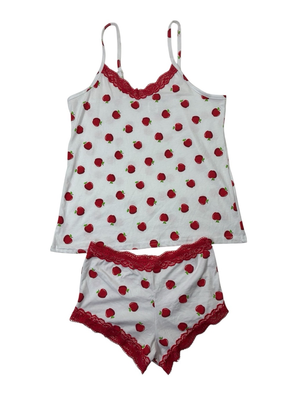 NWT Apple-Print Lace Trim Cami and Shorts Pajama Set 2PC Coquette Sleepwear